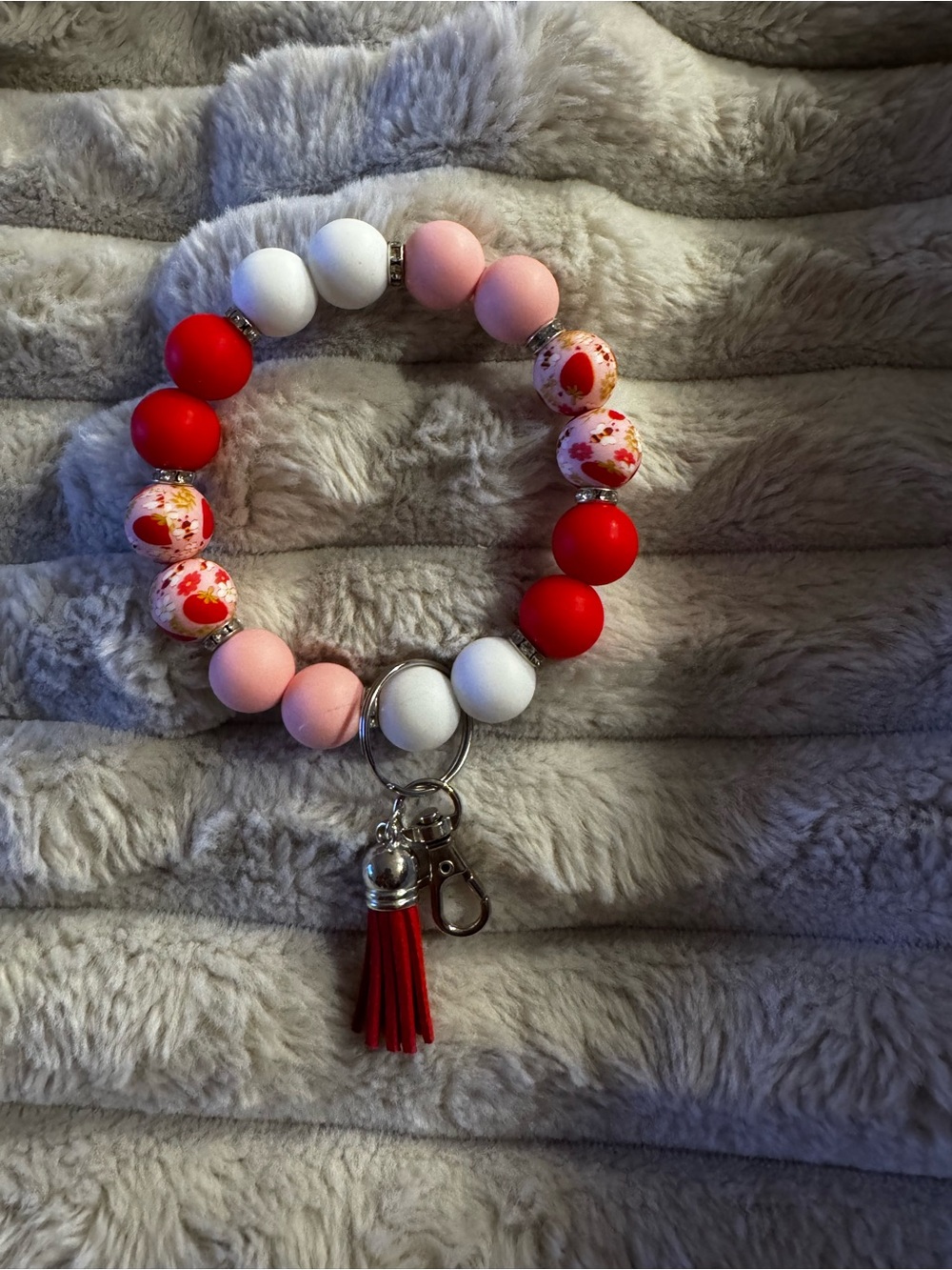 Beaded Wristlet Keychain with Tassel - Red, Pink & White